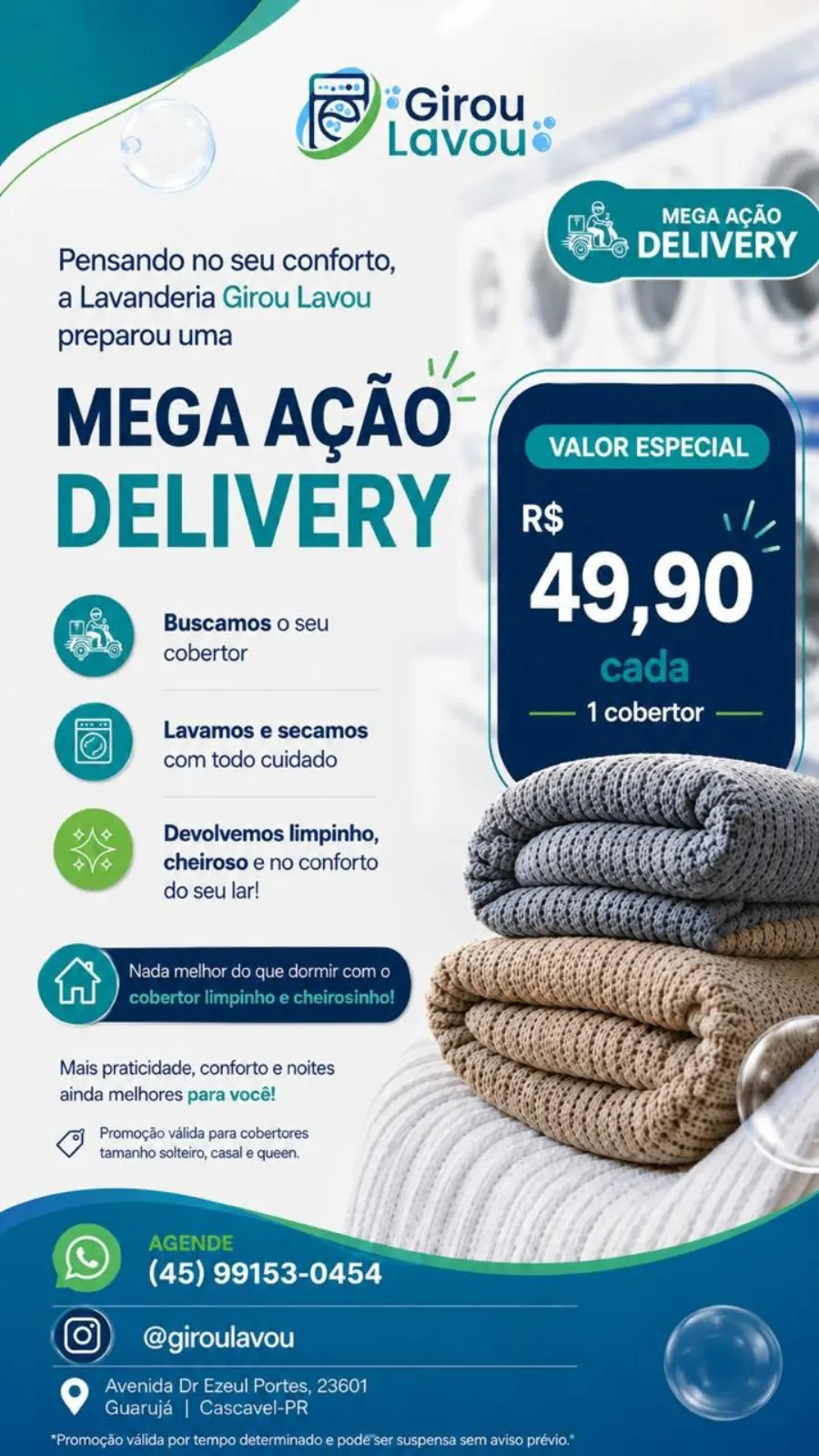 Divulgação da ação de delivery de lavagem de cobertores da Girou Lavou por R$ 49,90 para tamanhos solteiro, casal e queen
